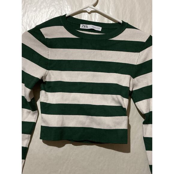 ZARA Sweater Womens M Striped Ribbed Cropped Turtleneck Pullover Green White - Picture 6 of 7